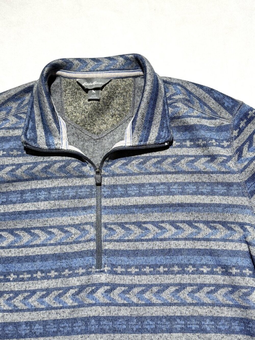 Eddie Bauer Mens Sweater Large Blue/Gray Southwestern Design 1/4 Zip Pullover